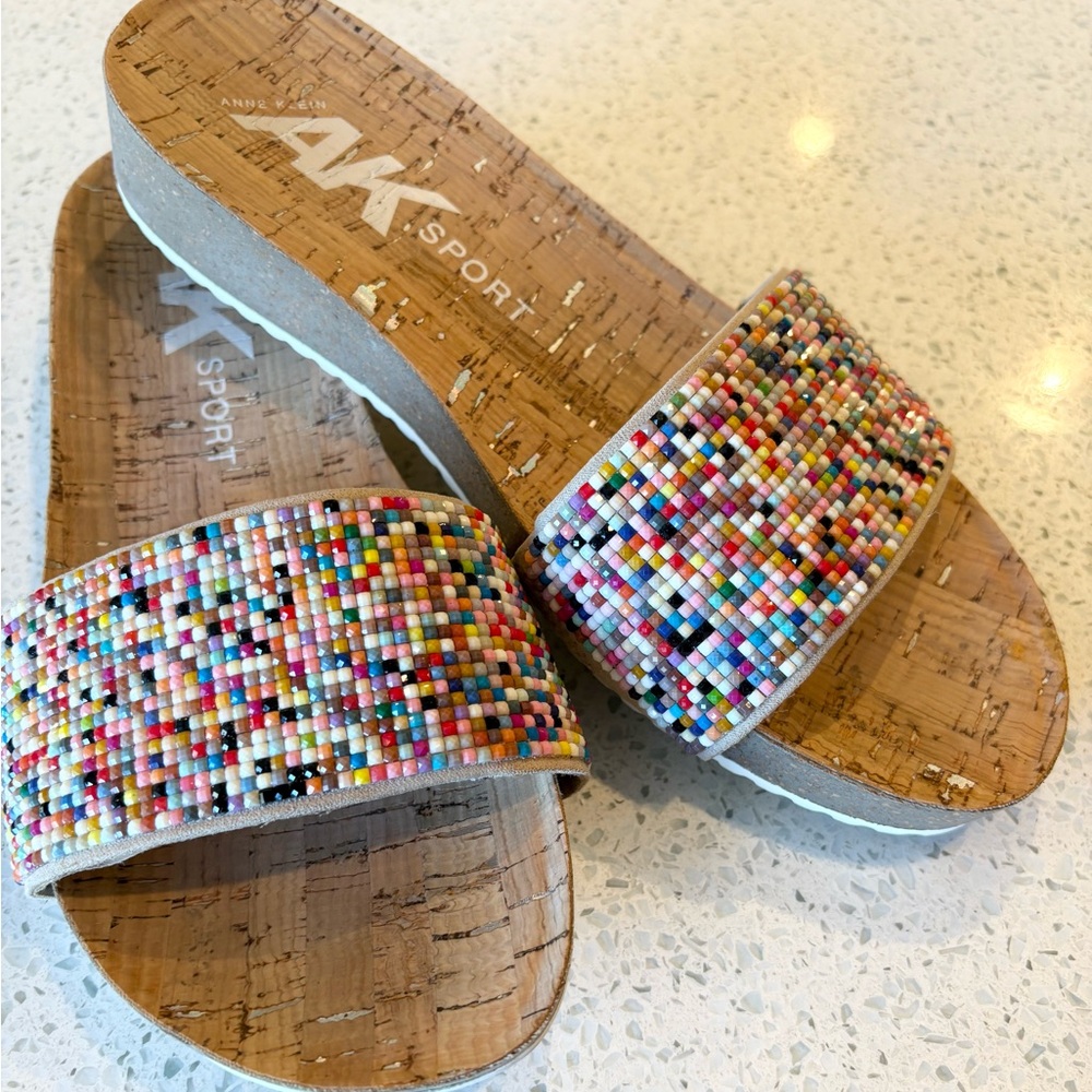 Vibrant Multicolor Beads Cork Sole Slide Sandals